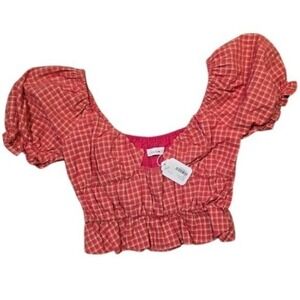 Louna Red Blouse Womens Small Gingham Smocked Puff Sleeve Crop Top Romantic NWT